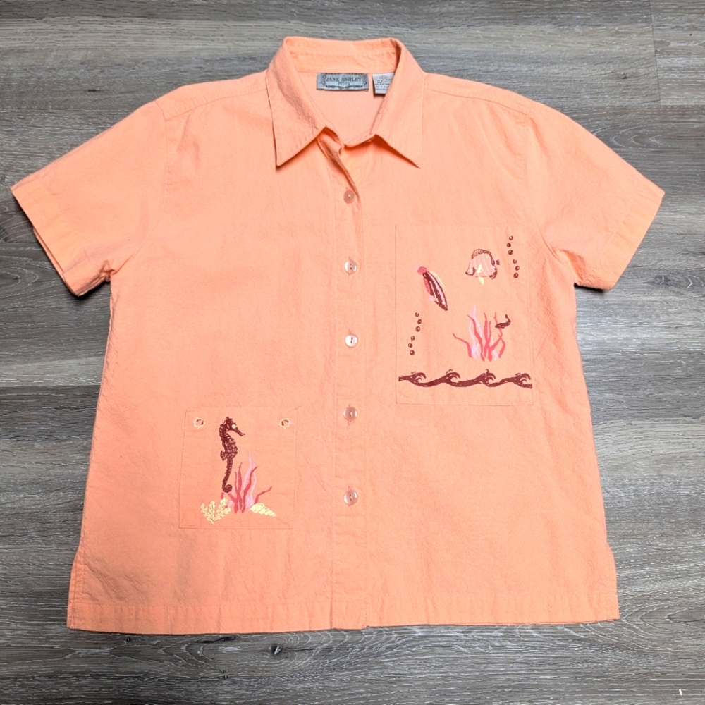 Orange Cotton Camp Shirt Seahorse, Coral, Fish, Straight Hem Button Up Size PM